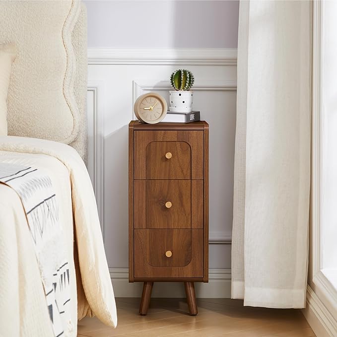 Narrow Nightstands with 3 Drawers, Wooden Farmhouse Bedside Tables, Slim End Tables with Storage, Small Night Stand for Bedroom, Living Room, Small Spaces