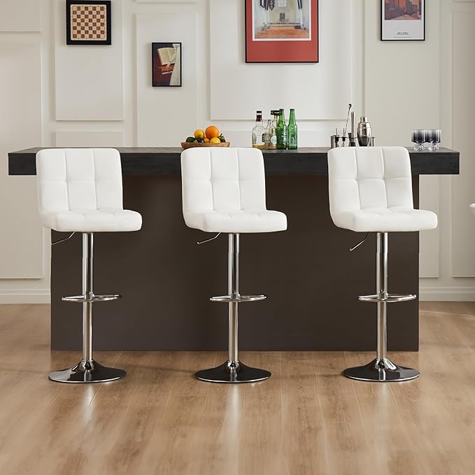 DUMOS Bar Stools Set of 4, 24 inch Counter Height Bar Stools, Upholstered Modern Kitchen Barstools with Metal Base, PU Leather Saddle Stools for Kitchen Island, Snowy White