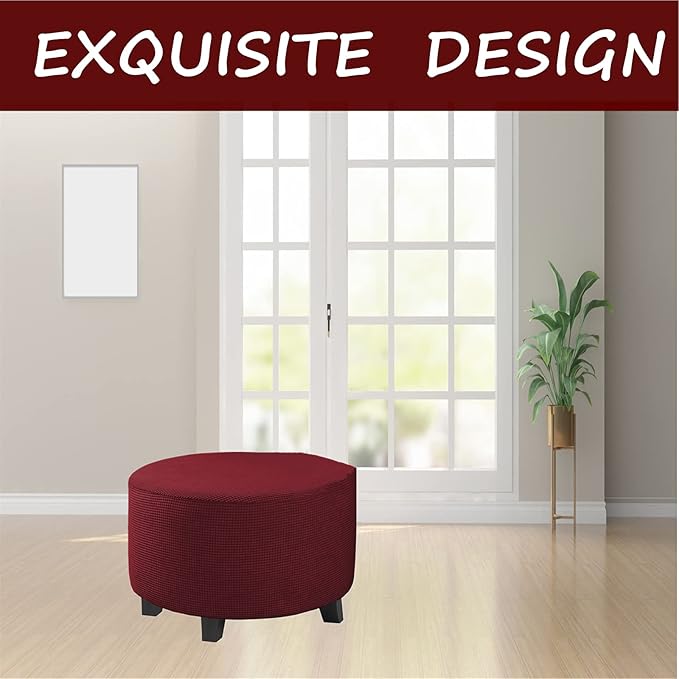 Stretch Ottoman Slipcover – Round Furniture Protector Fits 24"-29" Dia, for Footrests, Storage Ottomans & Folding Stools – Elastic Fabric Cover (Burgundy, Large)