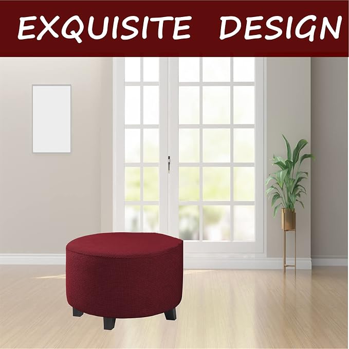 Stretch Ottoman Slipcover – Round Furniture Protector Fits 30"-41" Dia, for Footrests, Storage Ottomans & Folding Stools – Elastic Fabric Cover (Burgundy, X-Large)