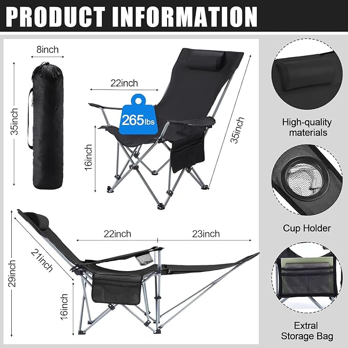 Yuntau 2 Set Reclining Beach Chairs with UPF 50+ Umbrellas Shade, Upgraded Heavy Duty Portable Folding Lounge Camping Chair with Canopy Removable Footrest & Headrest for Outdoor Patio(Black)