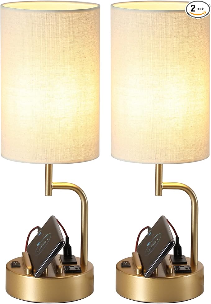 Dreamholder Table Lamp with 3 USB Charging Ports, Modern Desk Lamp with AC Outlet and Phone Stands, Perfect Bedside Lamp for Bedroom, Living Room, Office (Pack of 2), Gold