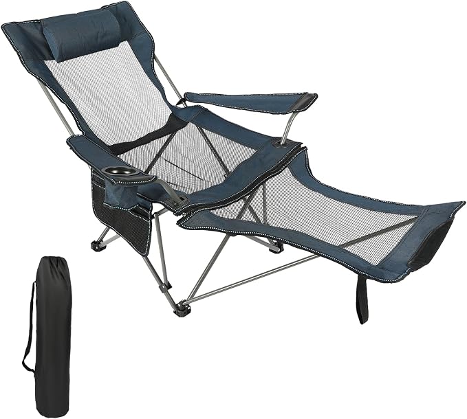 Portable Beach Mesh Lounge Chair Folding Reclining Camping Chair with Removable Footrest, Headrest, and Adjustable Backrest for Adults for Outdoor, Camping, Beach, Lawn