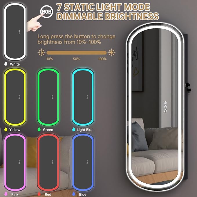 RGB Lighted Mirror Jewelry Armoire Organizer,LED Jewelry Cabinet Wall/Door Mounted, Over the Door Full-Length Lockable Rounded Wide Mirror with Storage Interior Mirror Black Gift for Her Chrismas