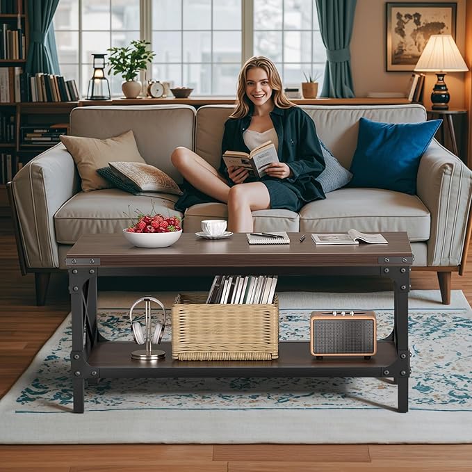 Rectangle Coffee Tables for Living Room, Wood Rectangular Coffee Table, 2 Tier Dark Brown Modern Center Table with Thickened Tabletop and Metal Frame, 40 inch Long (Walnut)