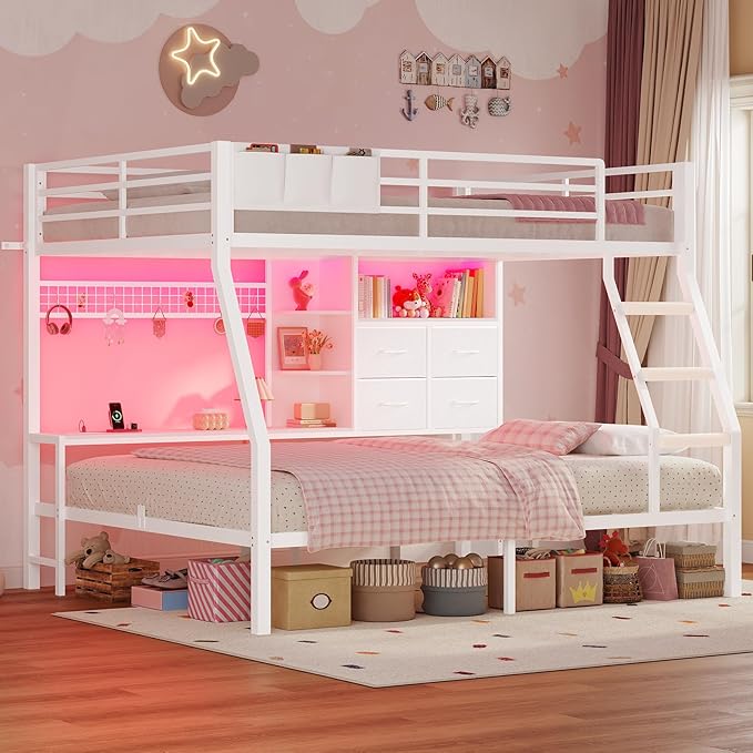 BTHFST Full Over Full Bunk Beds with 4 Storage Drawers & Shelves & Bedside Caddy, Bunk Bed with Charging Station & LED Lights, Full Size Bunk Bed with Safety Guardrail & Angled Ladder, White