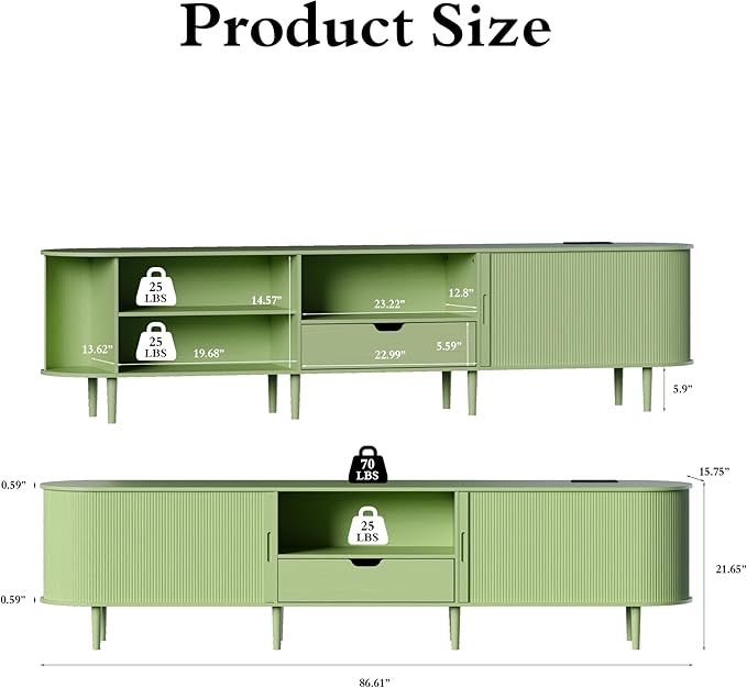 DHH 86.6" Fluted TV Stand with Power Outlet for TVs up to 90", TV Console with Adjustable Shelves and Sliding Door,Mid Century Modern Entertainment Center for Living Room,Bedroom (Green, 86.6Inch)