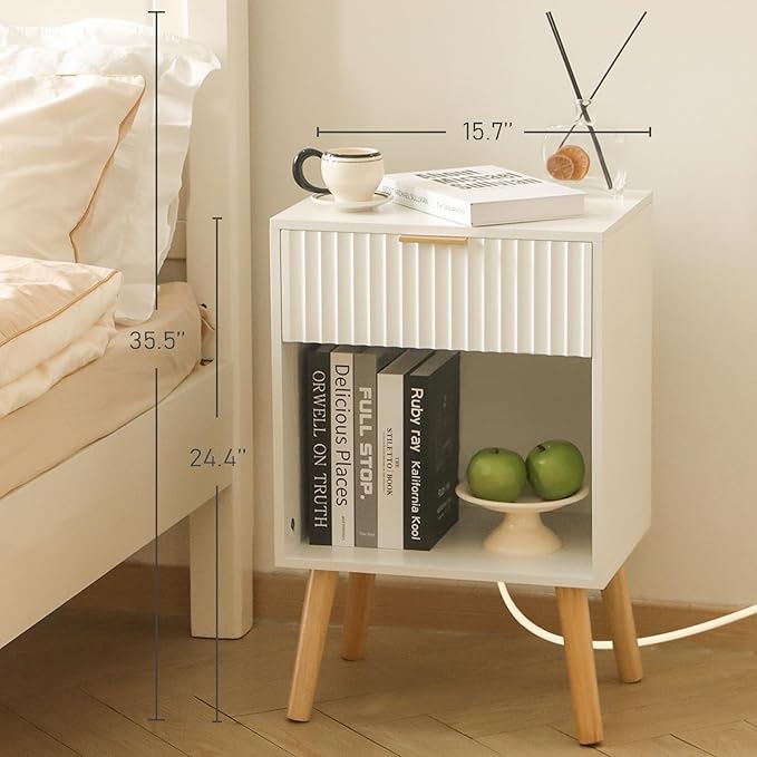 Fultyle White Nightstand with Charging Station, Mid Century Modern Bedside Table with Drawers and Outlet, Side Tables Living Room, Wooden Night Stand for Bedroom, Office (White)