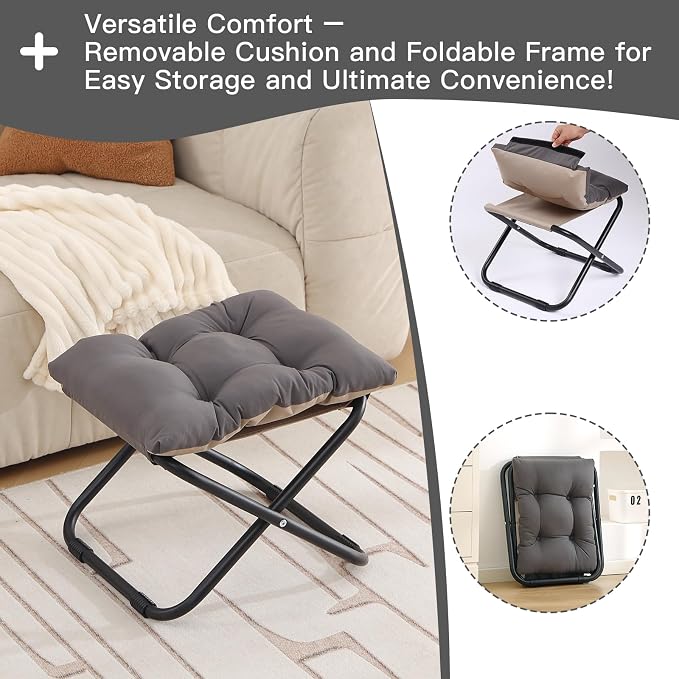 LITA Folding Footrest Stool, Portable Ottoman Foot Rest, Upholstered Small Foldable Ottoman with Detachable Thick Cotton Cushion Padded Sofa Stool for Living Room, Bedroom, Dark Grey Set