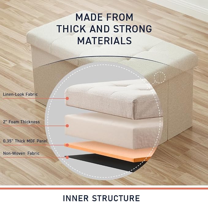 Ornavo Home Folding Storage Ottoman, 30 Inch Large Storage Bench with Lid, Foot Rest Stool for Bedroom, Living Room, Entryway, Tufted Linen Upholstered - Beige
