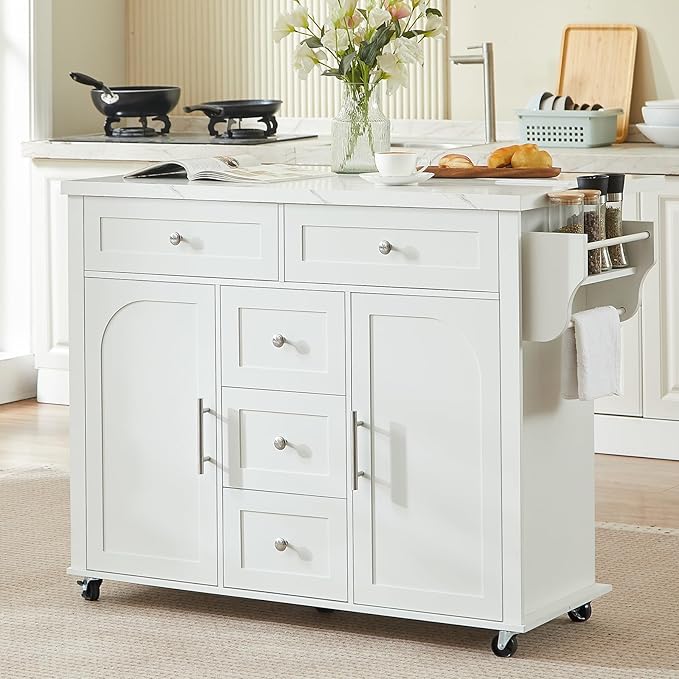 ONBRILL 47" Kitchen Island with 2 Storage Cabinets & 5 Drawers, Mobile Island Table for Kitchen with Imitation Marble Drop Leaf, Rolling Island Cart with Power Outlet & Spice Rack & Towel Rack, White
