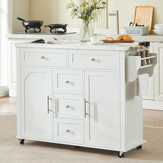 ONBRILL 47" Kitchen Island with 2 Storage Cabinets & 5 Drawers, Mobile Island Table for Kitchen with Imitation Marble Drop Leaf, Rolling Island Cart with Power Outlet & Spice Rack & Towel Rack, White