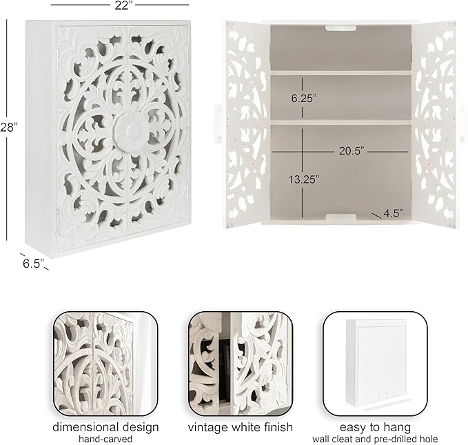 Kate and Laurel Saanvi Traditional Carved Wood Floating Bathroom Wall Cabinet, 22 x 7 x 28, White, Dimensional Over the Toilet Storage Cabinet for Use as Bathroom Storage or Entryway Decor and Display