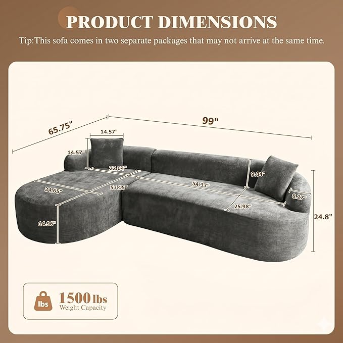 99" Curved Sectional Sofa with Chaise, Modern Boneless Couch with Deep Seat, L Shaped 3-Seater Cloud Couch for Living Room, No Assembly Needed, Chenille (Gray, Left Chaise+Right Sofa)