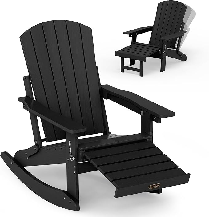 Adjustable Adirondack Rocking Chair with Retractable Ottoman Footrest, 4-in-1 Foldable HDPE Outdoor Rocker, Weather Resistant Adirondack Chair for Porch, Garden & Poolside, Black