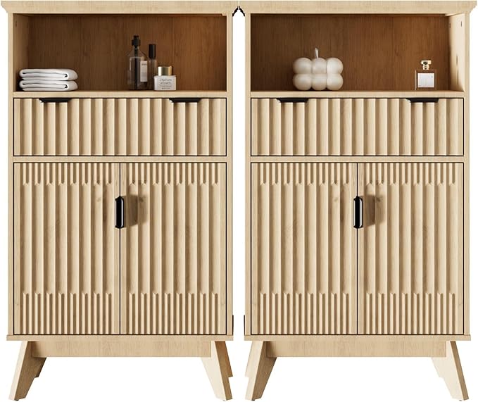 Fatmok Buffet Cabinet with Storage Seto of 2, 40" Modern Fluted Coffee Bar Cabinet with Drawer & Open Shelf, Wood Buffet Sideboard Console Table for Entryway, Kitchen, Living Room (Natural Wood)