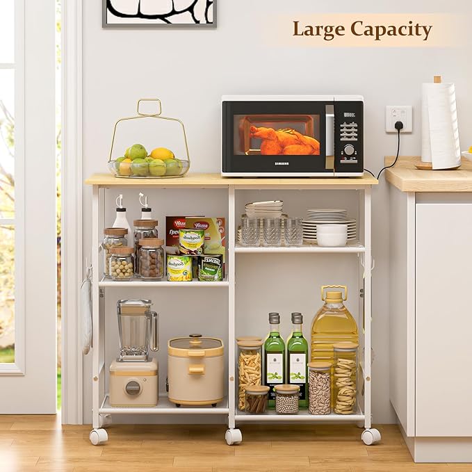 ThreeHio Rolling Kitchen Microwave Cart, 3-Tier Microwave Stand with Adjustable Shelf, Kitchen Storage Cart on Lockable Wheels, Coffee Bar Baker's Rack Organizer Shelf for Living Room, Office, Balcony
