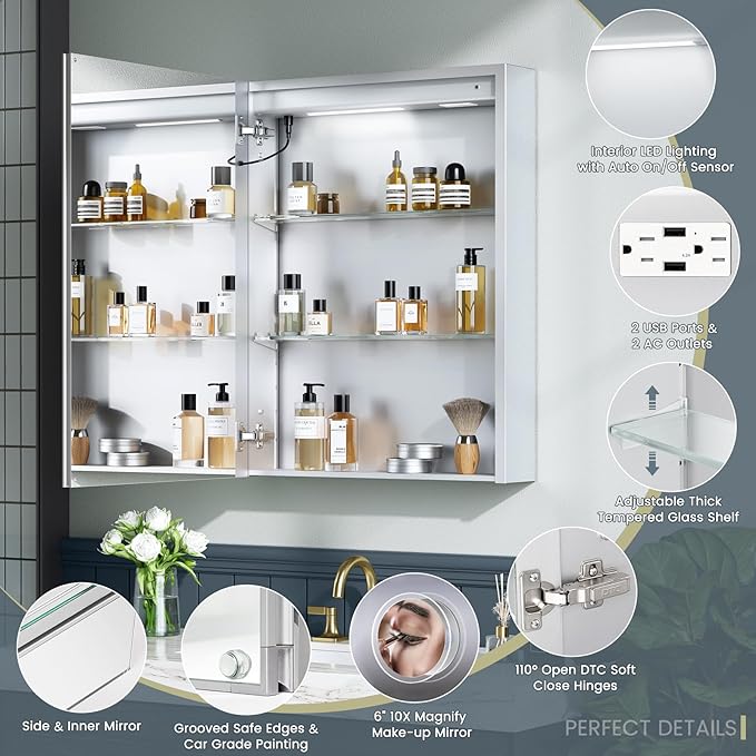 24x30 Inch Lighted Medicine Cabinet with Mirror, AL Alloy Frame, Plug-in or Hardwired, Recessed or Surface Mount, 3 Colors/Dimmable/Interior Sensor Light/Defog, 2 Outlets & USBs, 2 Shelves