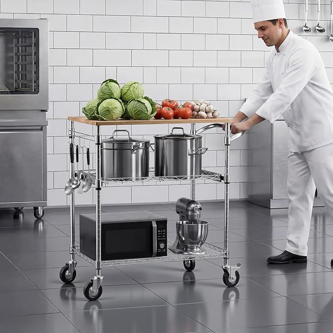 VEVOR Kitchen Utility Cart, 3 Tier Heavy Duty Adjustable Wire Storage Rack with Wood Tabletop and Handle Bar, Rolling Portable Service Trolley on Wheels, 661 lbs Steel Work Table, 30x18x36 in