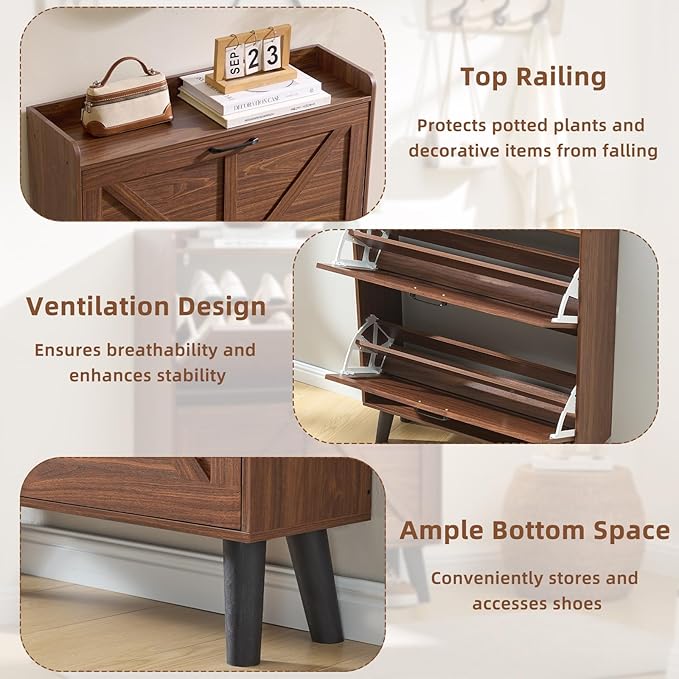 LEYAOYAO Shoe Cabinet Storage for Entryway with 2 Flip Drawers Rack Narrow Organizer Slim Hidden Wood Shoe Cabinet Furniture Walnut