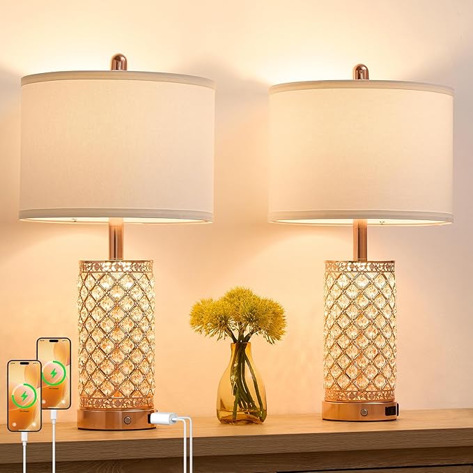 SAIWEYA Crystal Table Lamps 3-Way Dimmable Bedroom Lamp with 2 USB Ports & AC Outlets for Living Room Retro Bedside Nightstand Lamp Night Light (Rose Gold- 1 Pack 24In)