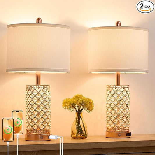 SAIWEYA Crystal Table Lamps Modern 3-Way Dimmable Bedside Lamp with 2 USB Ports & AC Outlets for Living Room Bedroom Nightstand Lamp Night Light (Rose Gold-2 Pack 24In)