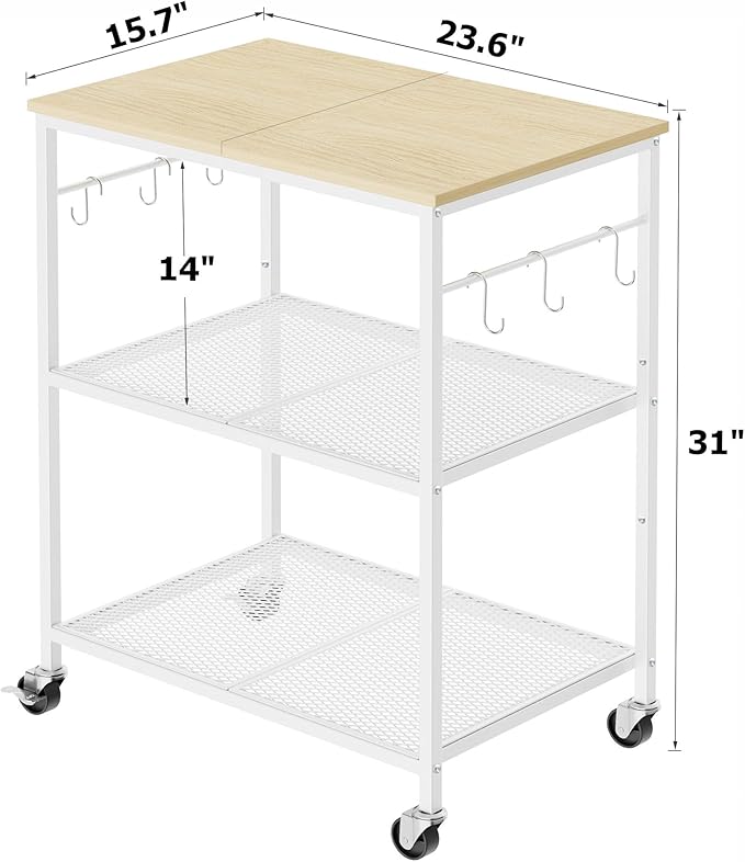 Homleke 3-Tier Rolling Kitchen Microwave Cart, Kitchen Utility Cart on Lockable Wheels, Coffee Bar Table Station with 6 S-Shaped Hooks, Small Appliance Storage Shelf, White and Natural