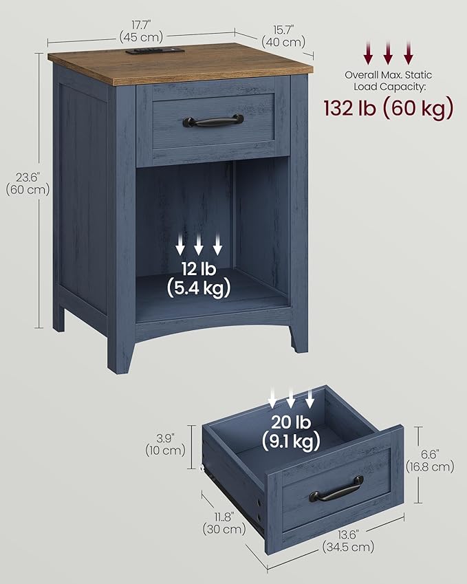 VASAGLE LIRY Collection - Farmhouse Nightstands with Charging Station, Set of 2 Bedside Tables, Side Tables with Drawer, Open Compartment, for Bedroom, Rustic Blue and Honey Brown LET659Q101S-2J