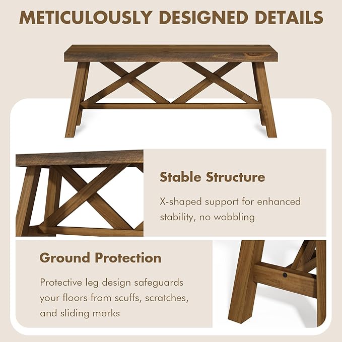 Wnutrees 43" Farmhouse Wood Bench, Rustic Solid Wood Entryway Bench Seat with Double X-Structure for Dining Area Living Room Hallway, Structural Stability, Natural