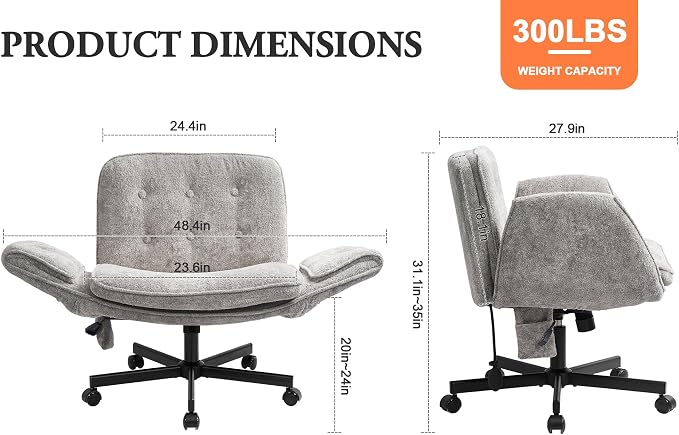 Criss Cross Chair with Lumbar Airbag & Folding Arms Relieve Back Pain, Wide Cross Legged Office Chair for Home Office, Comfy Swivel Desk Chair with Wheels, 5 Level Adjustable Armrest, Chenille(Grey)