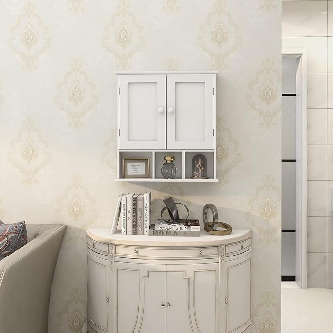 TaoHFE White Bathroom Wall Cabinet with 2 Door Adjustable Shelves,Over The Toilet Storage White Wall Mounted Medicine Cabinets for Bathroom Laundry Room Kitchen