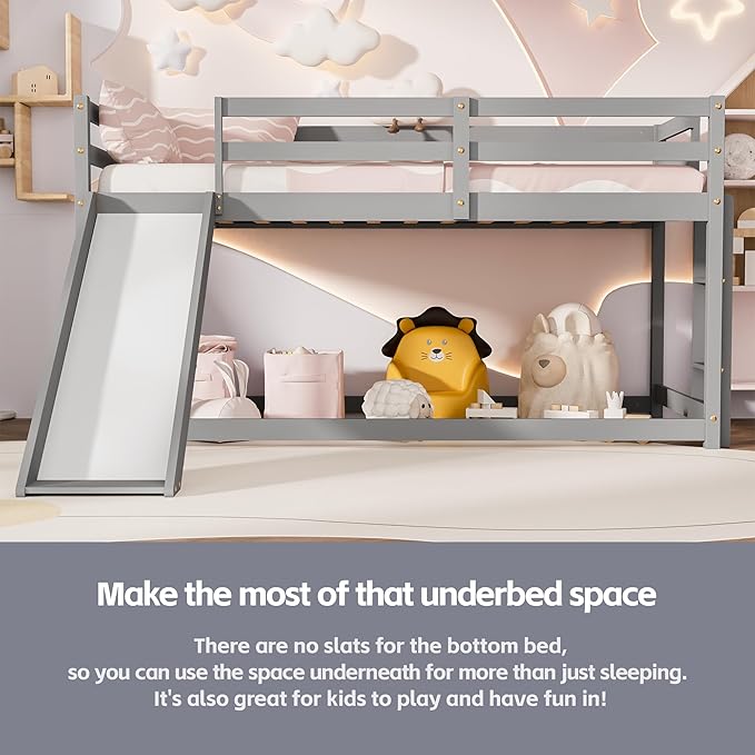 TOLEAD Low Bunk Bed with Slide, Floor Loft Bed with Climbing Ladder, Wood Twin Bunk Bed Frame with Full Guardrails & Storage Space for Kids Toddler