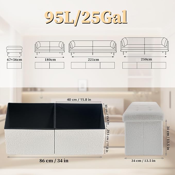 Bsketa Storage Ottoman Bench with Folding Lid Ⅲ, Foot Stools Opens on Both Ends, Footrest Foldable Teddy Velvet Chest for Living Room, Bedroom, Entryway, End of Bed Storage Blanket Ottomans White