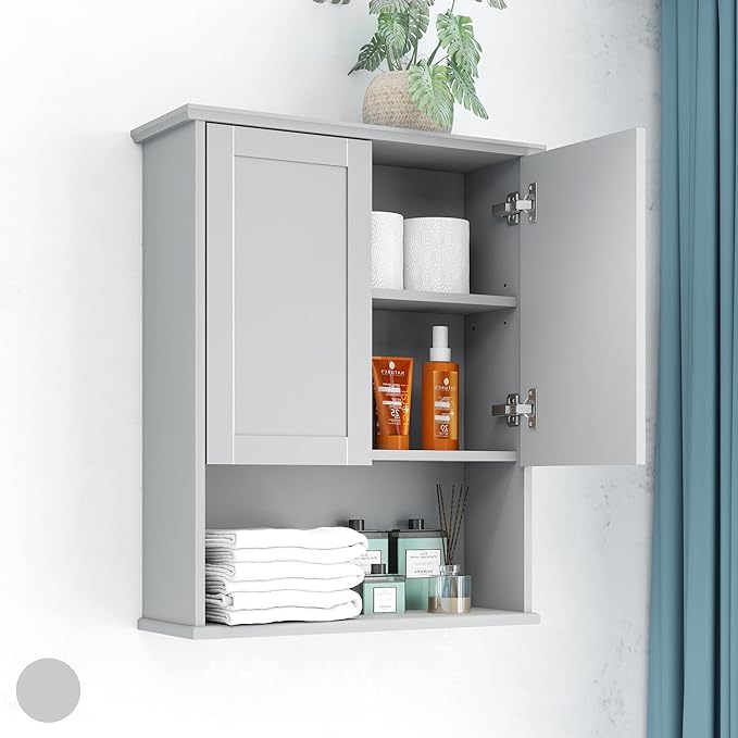 Bathroom Cabinet Wall Mount Buffering Hinge,23"x29" inch Over Toilet Storage Cabinet and Adjustable Shelves, Large Space Wooden Medicine Cabinet (Light Gray)