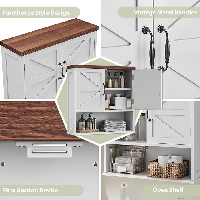 Smuxee Farmhouse Bathroom Cabinet Wall Mounted, White Medicine Cabinet with Adjustable Shelf, Bathroom Cabinet for Living Room, Laundry Room