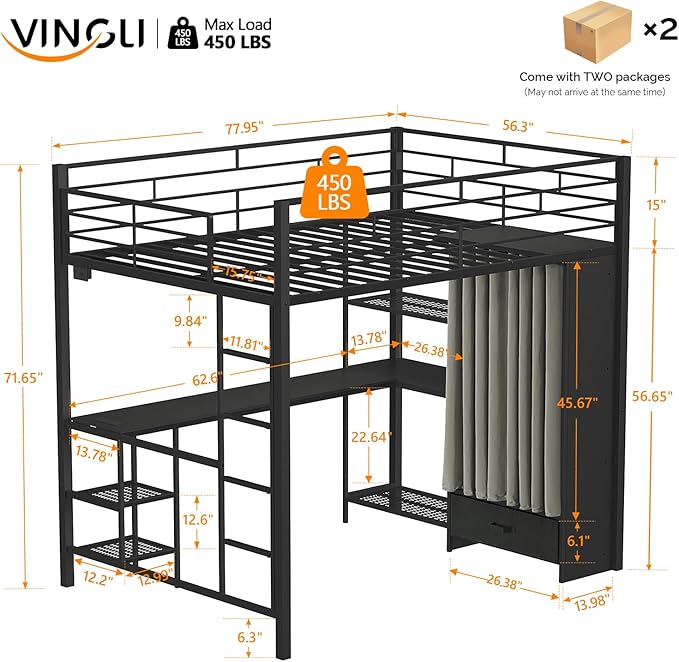 VINGLI Full Loft Bed 15 Inch Extra Tall Safety Guardrail, Wardrobe with Curtain, and Flat Rungs, LED High Double Sleeper with 2 Charging Stations, Desk and Drawer, Heavy Duty Space Saving Bed, Black