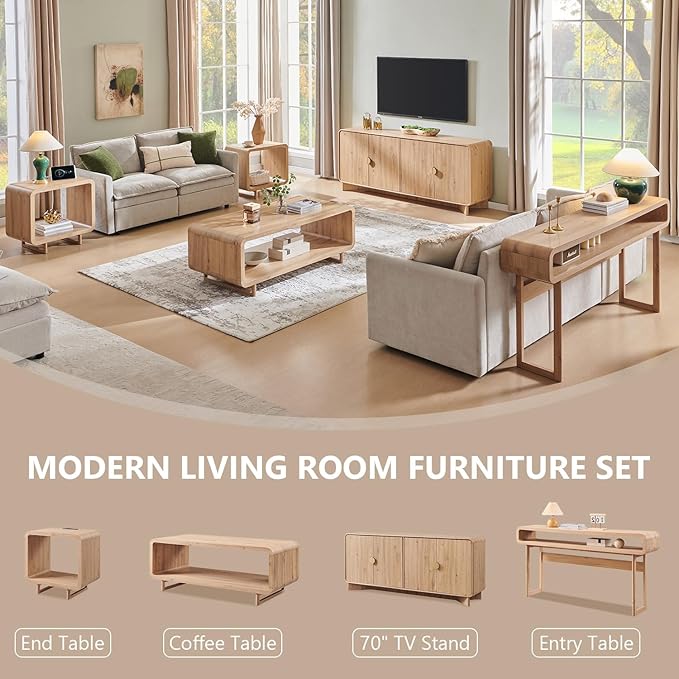IFGET 70" Fluted Fireplace TV Stand for 80 Inch TV, Modern Entertainment Center w/36'' Electric Fireplace, Wood Media Console w/Curved Profile Design and Adjustable Shelves for Living Room,Natural Oak