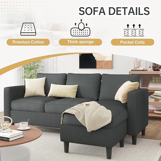 JAMFLY Couches for Living Room, 3-Seat Reversible Sectional Sofa with Convertible Ottoman, Modern Ribbed Fabric L-Shaped Couch for Small Apartment, Studio & Office, Easy Assembly, Grey