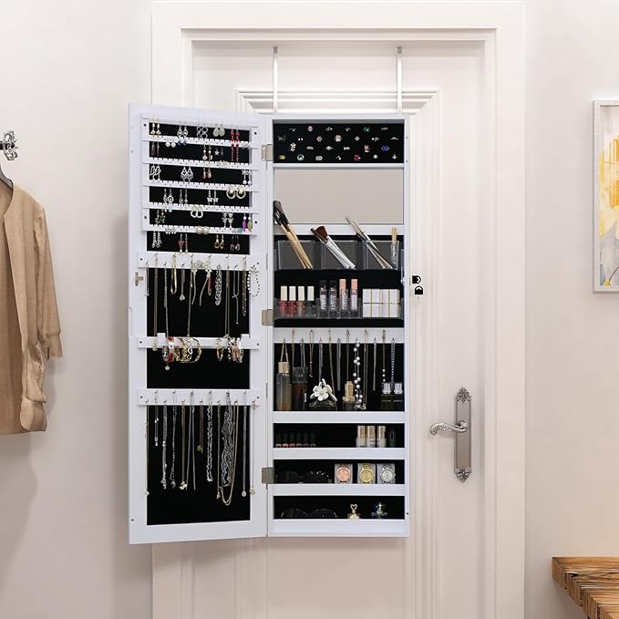 Full Length Mirror Jewelry Cabinet - 2-in-1 Organizer for Makeup and Jewelry,Lockable Door Wall-Mounted Jewelry Armoire with Shelves and Behind the Door Storage White