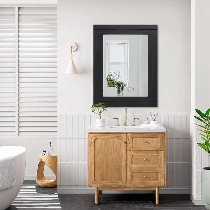 Black Rectangular Vintage Rustic Wood Framed Large Mirror - Deco Farmhouse Living Room Bathroom Bedroom Entrance - 26" x 18"