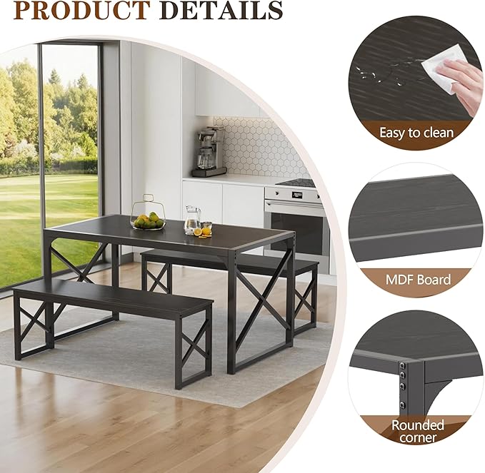 VECELO 55” Kitchen Dining Table Set for 4, Heavy-Duty Steel Frame & Wood-Grain Tabletop, Space-Saving Dinette Sets with 2 Benches for Breakfast Nook and Small Space, Black