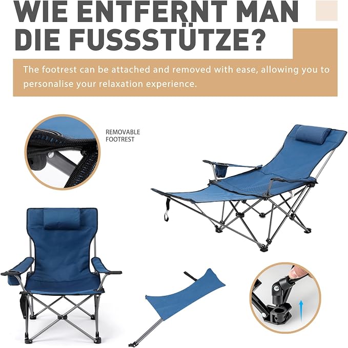 Camping Chairs Zero Gravity Recliner Chair with 4-in-1 Adjustable - Portable Folding Recliner with Cup Holder & Side Pocket, Detachable Footrest for Patio, Beach, Lawn, No Assembly - Blue