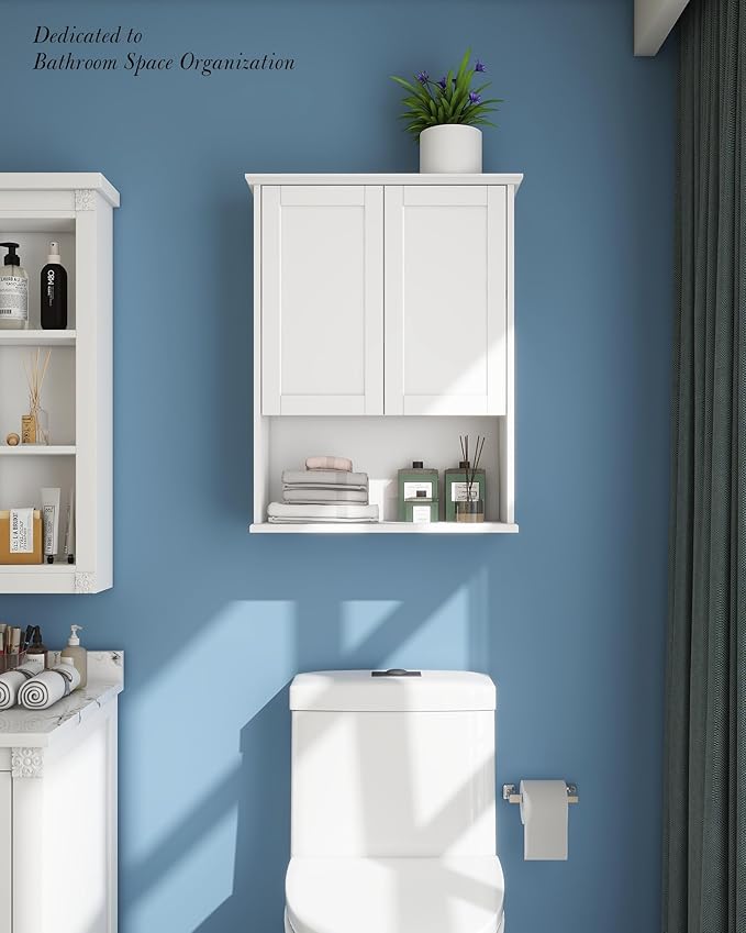 Bathroom Cabinet Wall Mount with Buffering Hinge, 23"x29" inch Over Toilet Storage Cabinet with Adjustable Shelves, Large Space Wooden Medicine Cabinet, White