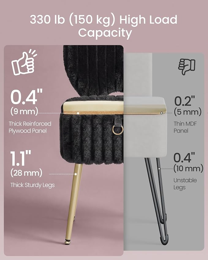 SONGMICS Small Vanity Chair with Storage and Folding Back, Vanity Stool, Footrest Footstool Ottoman, Dressing Table Stool, Furry Padded Seat, for Makeup Room, Bedroom, Ink Black ULOM532BH01