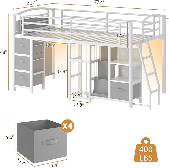 Low Loft Bed Twin Size with 4 Storage Drawers and LED Lights, Twin Loft Bed with Sling Bookcase & Toy Storage, Kids Twin Beds with Anti-Collision Pad & Play Curtain, Under-Bed Play Space, White+Grey