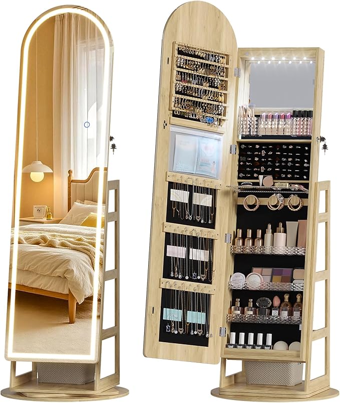LVSOMT LED Mirror Jewelry Cabinet Standing, Lockable Jewelry Armoire with Arched Full-Length Mirror and Adjustable LED Lights, Space-Saving Jewelry Organizer with Mirror(LED Wood)
