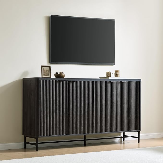 Fatmok 65" Large Sideboard Buffet Cabinet with Storage, Set of 2 Modern Fluted Credenza Accent Coffee Bar Console Tables with Doors & Adjustable Shelves for Living Room or Hallway, Black & Grey
