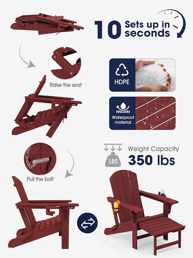 KINGYES Folding Adjustable Adirondack Chair with Ottoman & 2 Cup Holders, HDPE Reclining Adirondack Chair with Footrest, Red