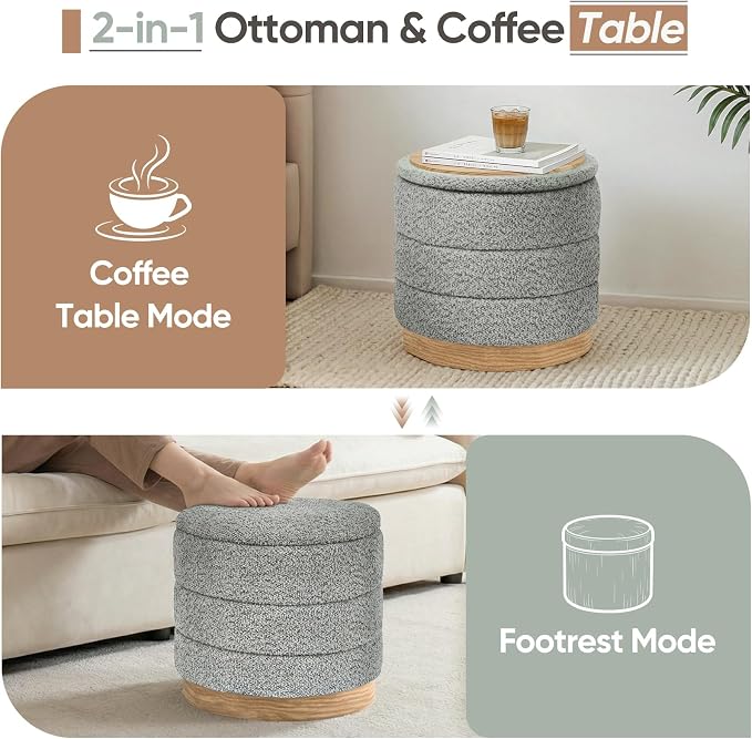Round Storage Ottoman with Reversible Tray Lid, Folding Chenille Fabric Footrest with Hidden Storage, 15.4" Footstool for Small Spaces Living Room Bedroom, Wood Grain Base, Grey