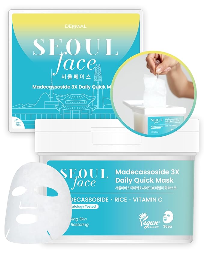 DERMAL Seoul Face Cica Madecassoside 5-Min Quick Sheet Mask 36 Count Bulk, Korean Centella Soothing Daily Pull-Out Dispenser with Tweezers, Rice Vitamin C Calming Face Mask for Redness Sensitive Skin